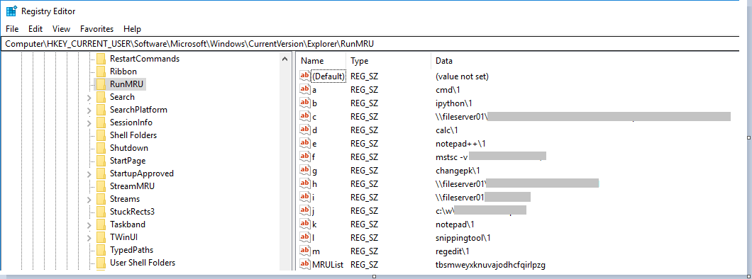Windows Registry contains the most-recently used paths typed in the Run dialog-box